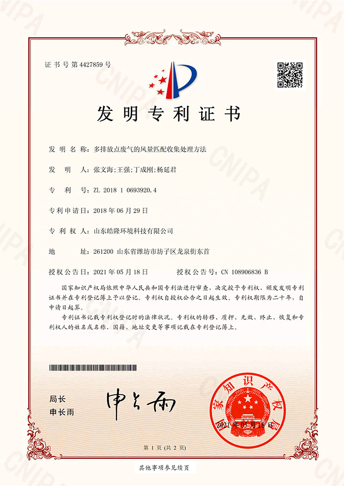2018106939204_发明专利证书_多排放点废气的风量匹配收集处理方法_20210518(1)-1.jpg
